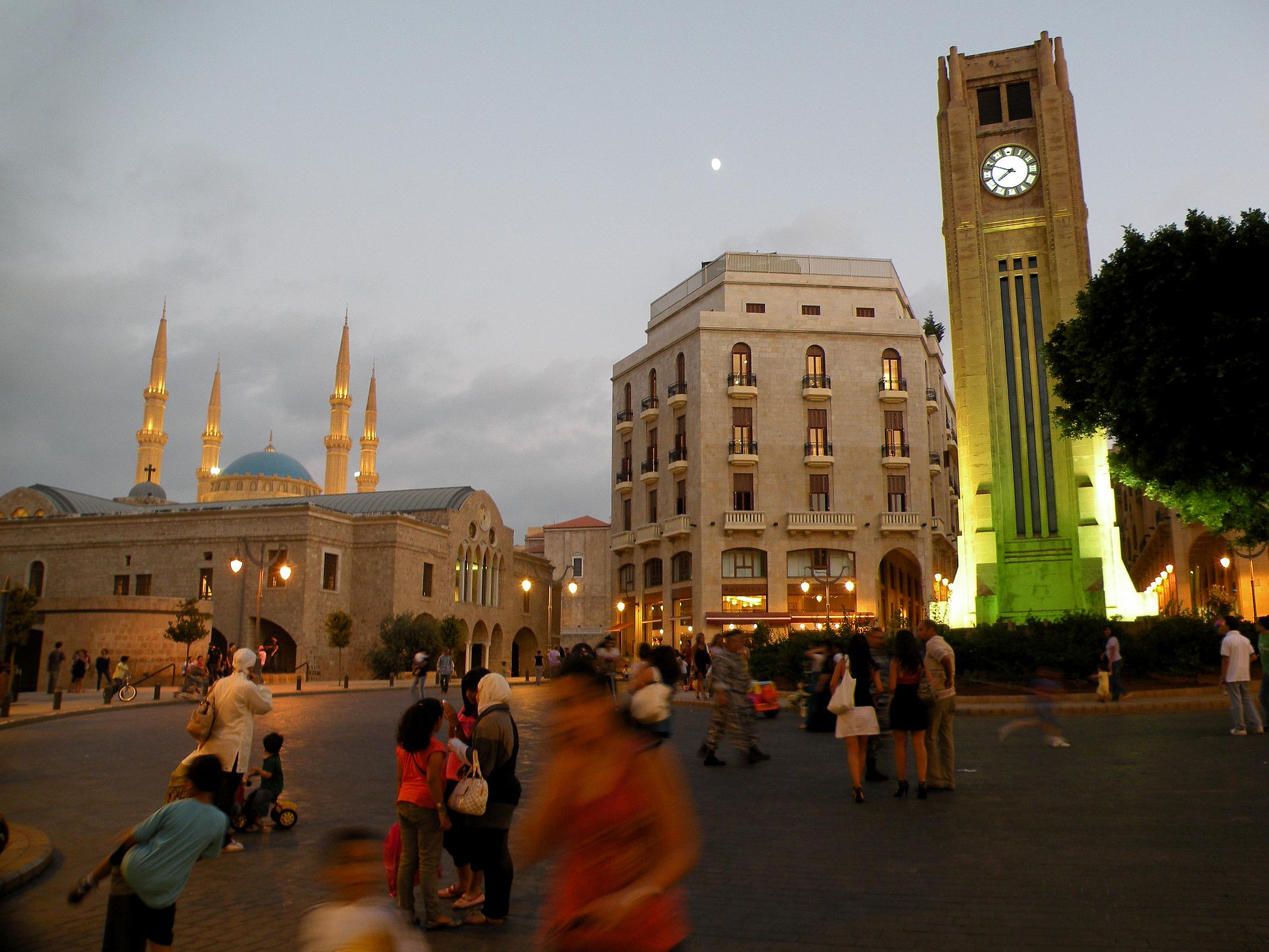 Beirut 46 Early Evening At Nejmeh Square Place de L'Etoile With St Georges Greek Orthodox Cathedral With Mohammed Al-Amin Mosque Behind And Clock Tower 